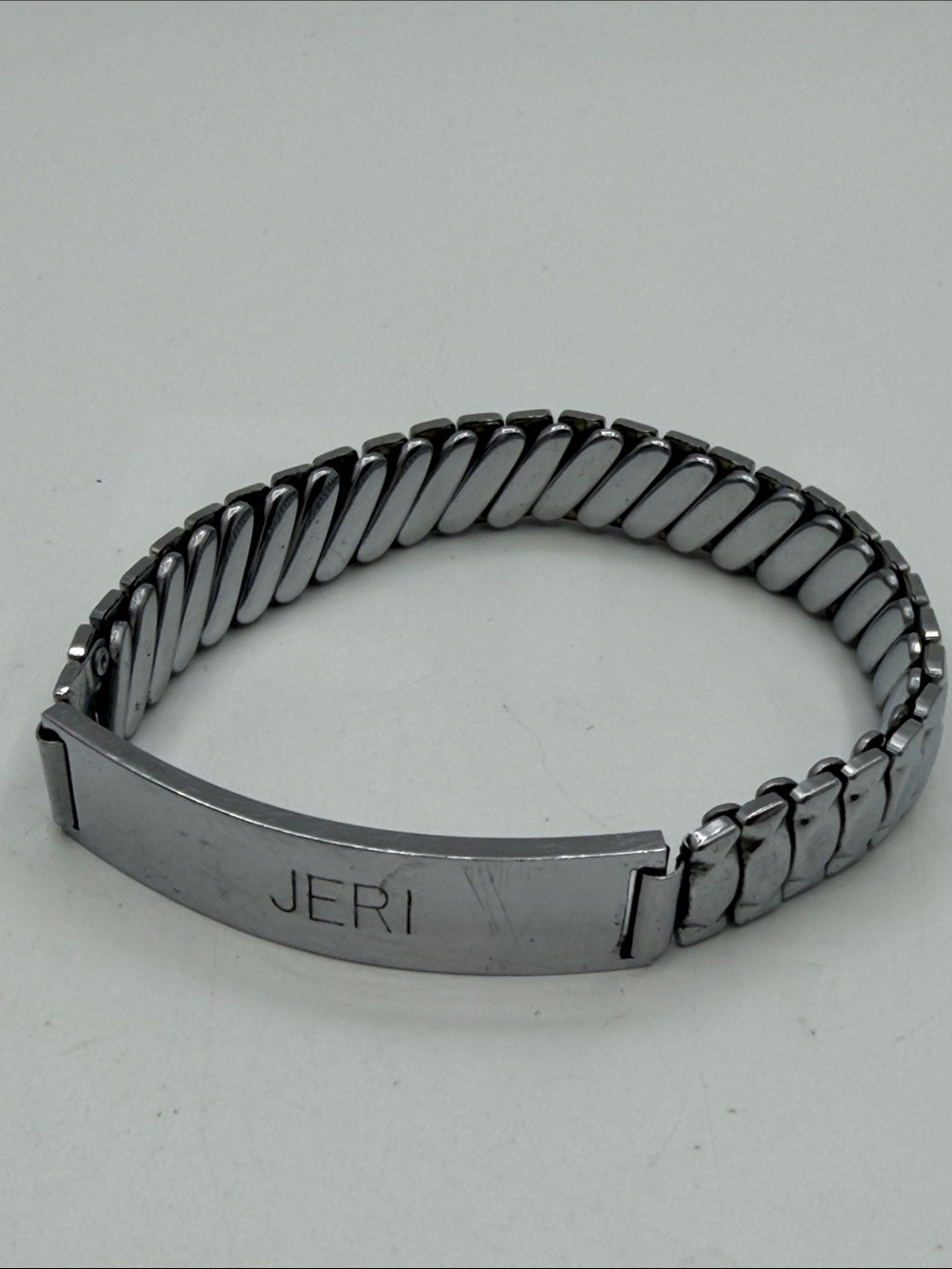 Vintage Mid Century Jeri Identification Bracelet Stretchy Japan Silver Tone